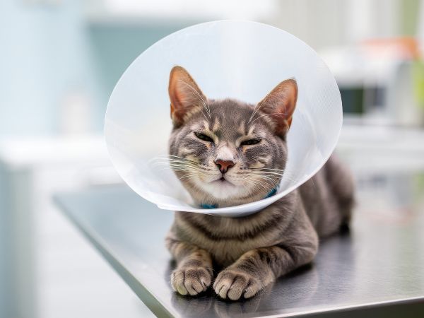 Cat wearing a recovery cone while resting on an exam table.