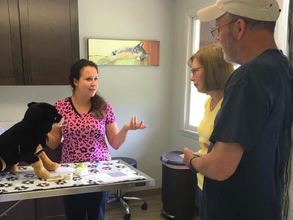East Suburban Animal Hospital staff member speaking with two pet owners in an exam room.