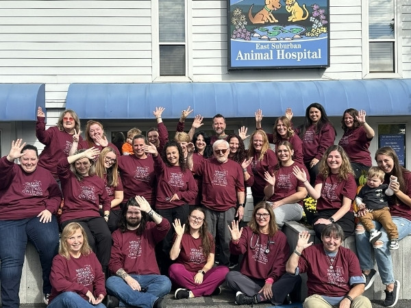 A group of people wearing matching maroon shirts stand and sit in front of the East Suburban Animal Hospital building, waving at the camera. A sign above them reads "East Suburban Animal Hospital" with illustrations of a dog and a cat.